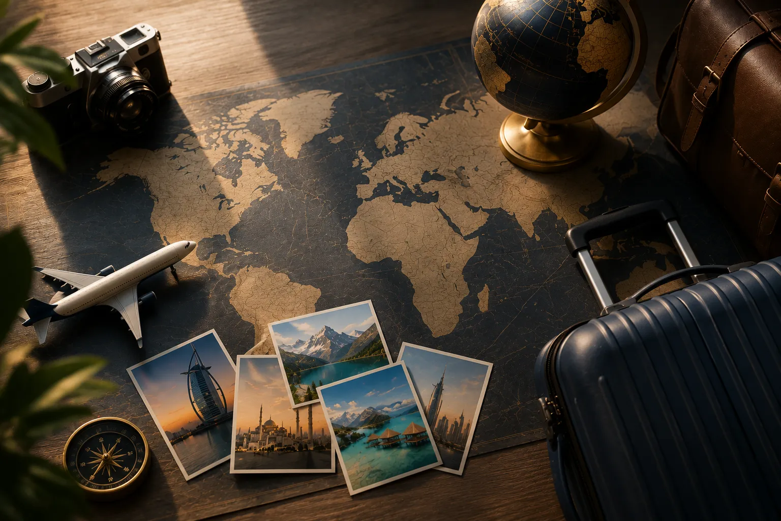 Flatlay of a map, globe, camera, and travel keepsakes